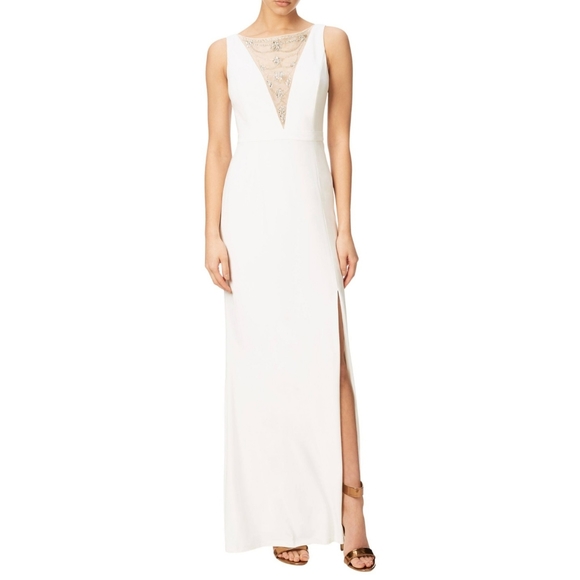 Adrianna Papell Illusion Beaded Neckline Slit Gown Ivory EUC 10 - Picture 2 of 7